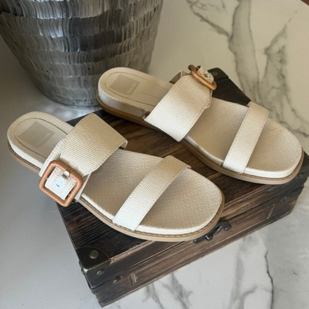 Dolce Vita Cream Double Strap Slide Sandals with Gold Buckles
